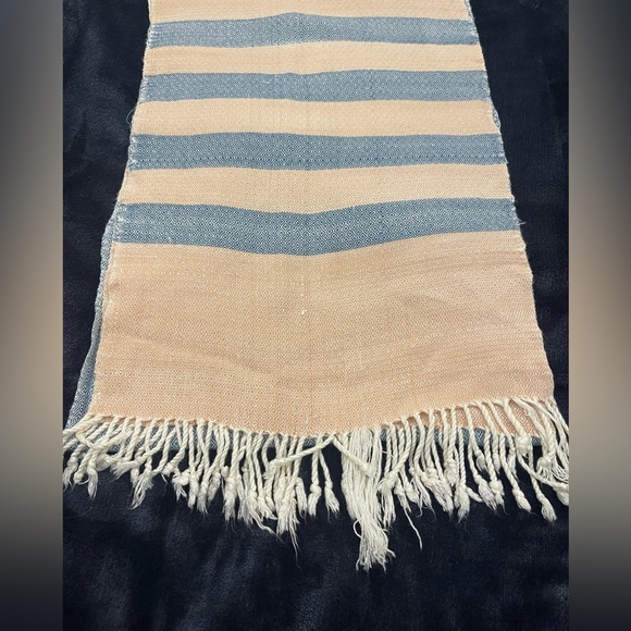 Handwoven Striped Blue and Beige Scarf with fringe. Made in Thailand. - Picture 3 of 3
